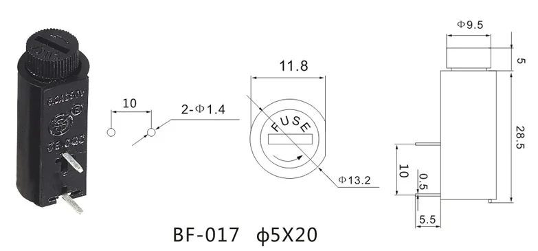 100 шт. 10A 250VAC 2 вывод pcb горизонтальный 12 мм Монтажный держатель предохранителя Предохранитель 5X20 мм черный пластик