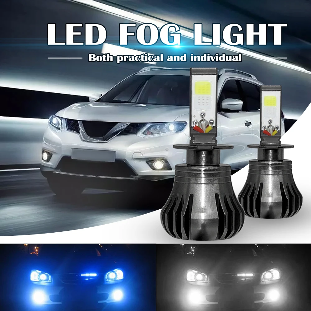 

Car Fog Light Dual Color 160W H3 LED Fog Light Bulbs 6000K White + 8000K Ice Blue Colors Strobe Lamp Bulb COB Bulb Kit for Car