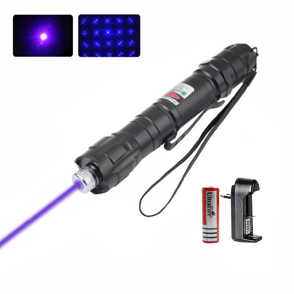 

High Power Blue Violet Purple Laser Pointer Pen Powerful 405nm Single Point Starry 2 in 1 Lazer + 18650 Battery + Charger