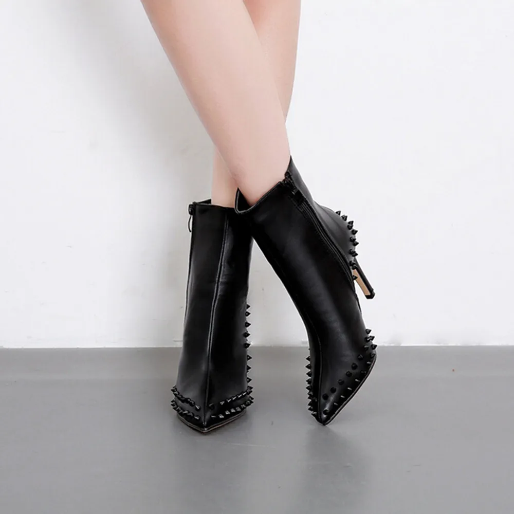 

Women's Studded Shoes Side Zipper High Heel Ankle Boots Leather Short Boot C1
