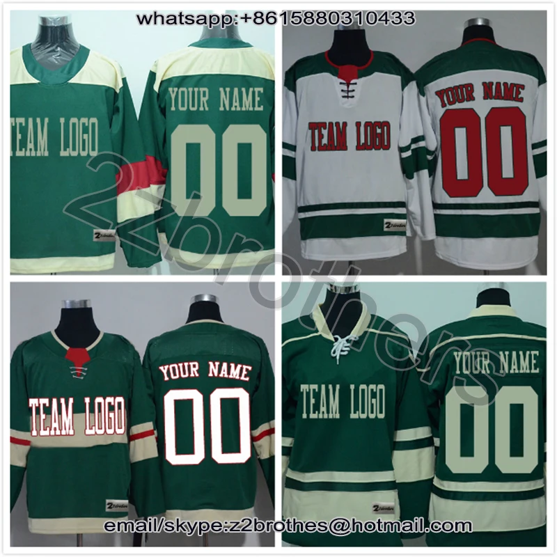 

Factory OEM Custom Ice Hockey Jerseys Design DIY Your Own College Team Sweater Any Styles Embroidered Logo White Green Minnesota