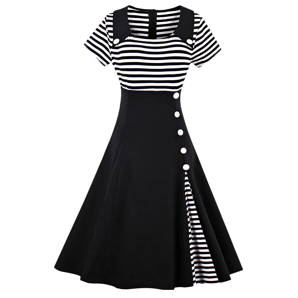 

Wipalo Vintage Striped Buttoned Pin Up Dress Women Black White Cotton Short Sleeve Dress 2018 Retro 50s 60s Dresses Vestidos 4XL