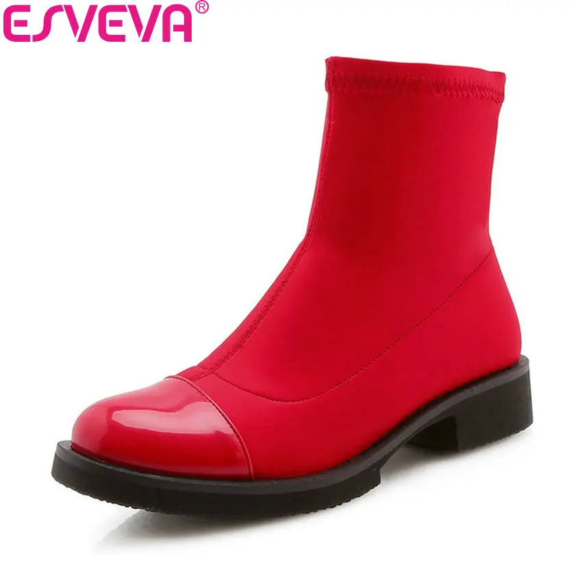 

ESVEVA 2019 Woman Boots Patchwork Low Heels Ankle Boots Slip on Shoes Square Heels Autumn Ladies Shoes Round Toe Size 34-43