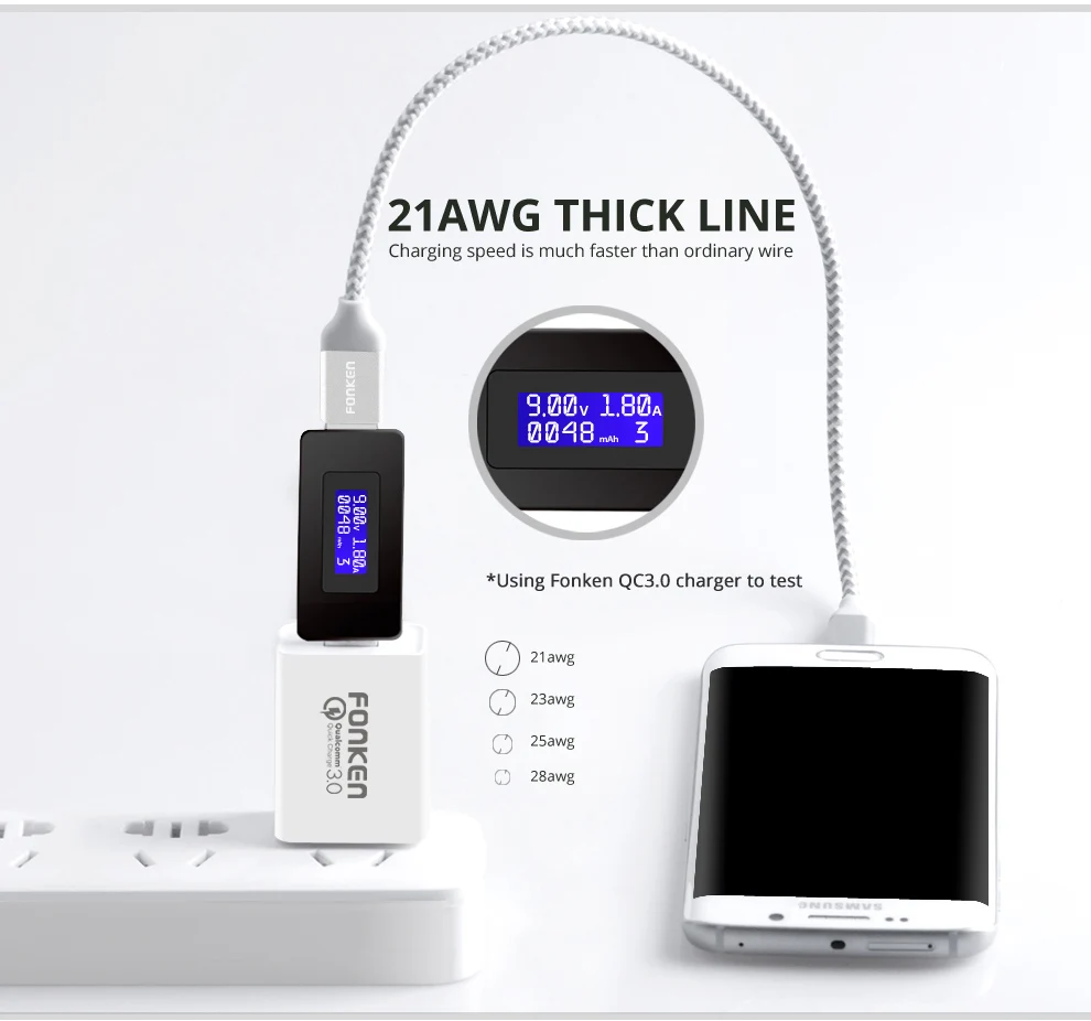 3 قطع FONKEN المصغّر usb كابل سريعة كبل شحن 2128AWG QC3.0 QC2.0 2.4A سريع شحن النايلون مضفر للهاتف المحمول كابل بيانات