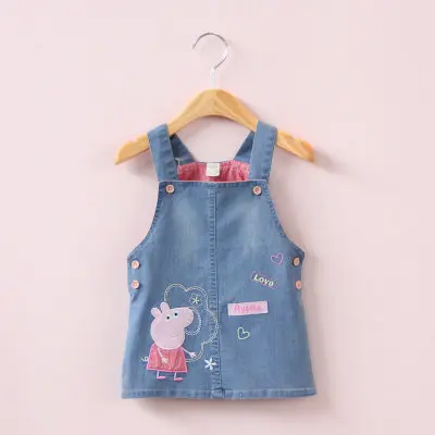 

Summer New Denim dress Girls Cute 2017 Fashion pink Pig embroidery Flowers Styles Sleeveless cowboy strap Dresses A