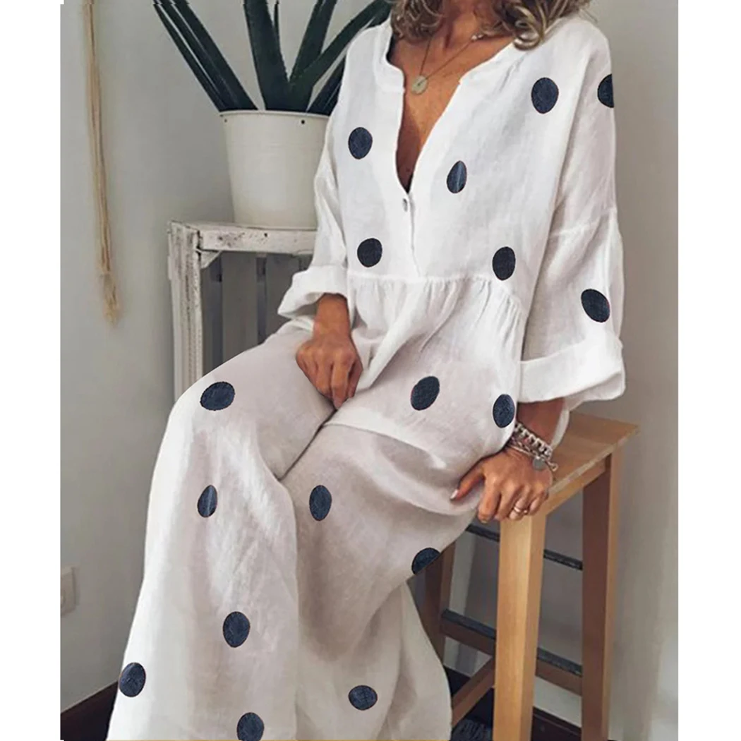 

Plus Size Beach Boho V-Neck Maxi Dresses Women Casual Polka Dot Long Dress Summer Long Sleeve Loose Dress Bohemian Sundress 5XL