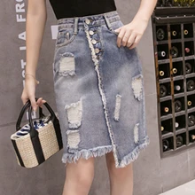 JULY Summer skirt Women Fashion Hole Denim Skirt Plus Size Solid Hollow Out Skirt Pocket Button Skirts Leisure Korean version JULY Summer skirt Women Fashion Hole Denim Skirt Plus Size Solid Hollow Out Skirt Pocket Button Skirts Leisure Korean version