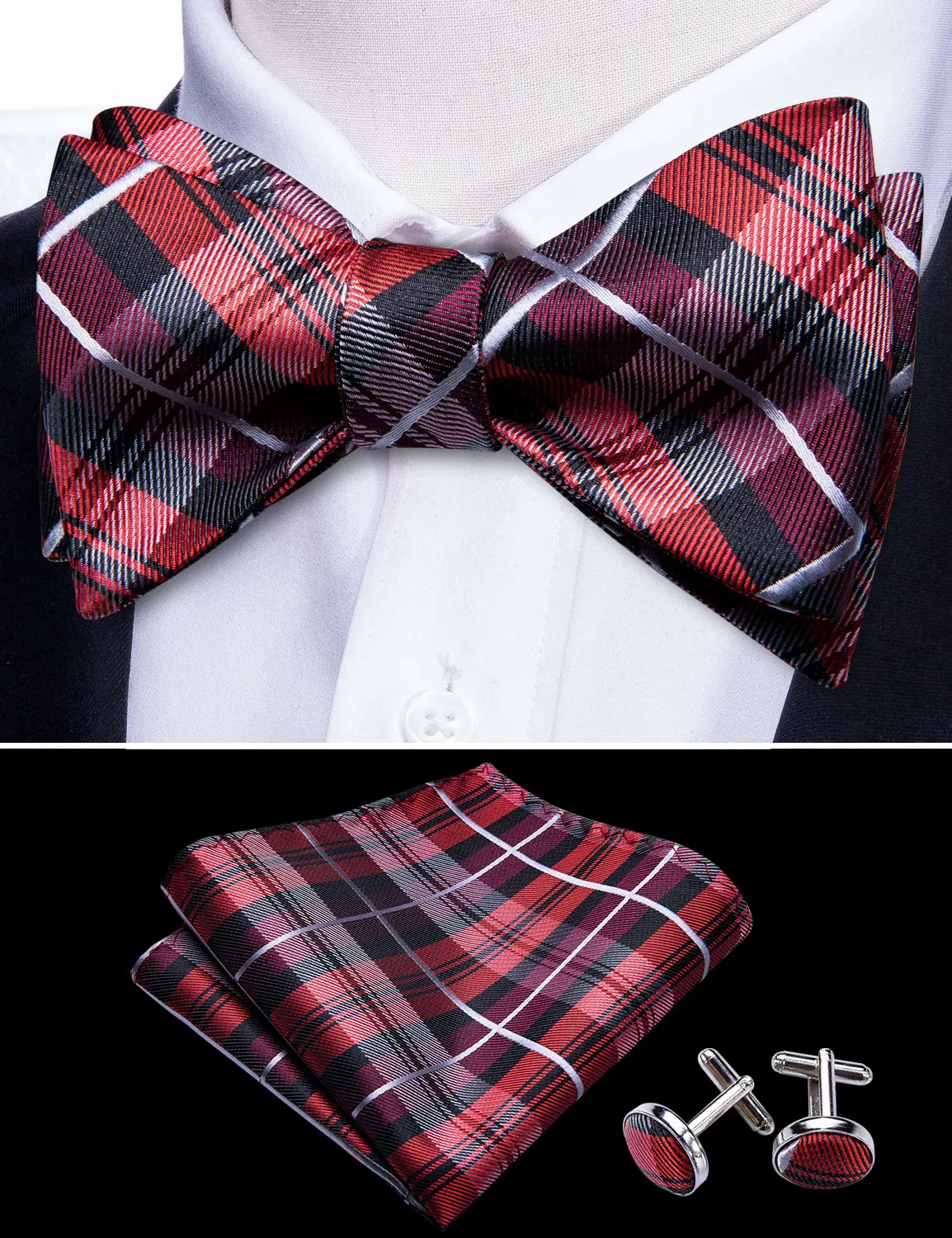 Мужской галстук-бабочка, клетчатый, самозавязанный, шелковый галстук, набор, карманные Квадратные запонки, бутоньерка, дизайнерский, для свадебной вечеринки, Barry.Wang
