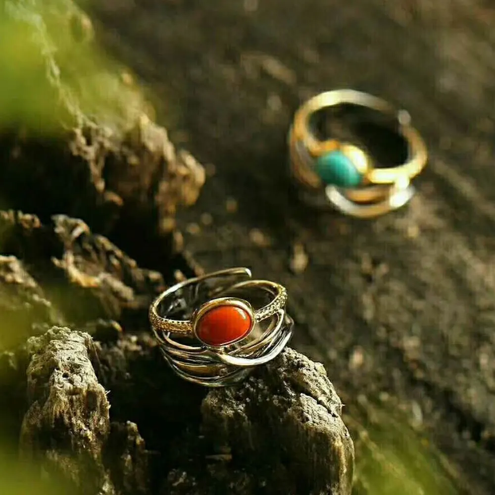 

RADHORSE 925 Silver Rings for Women Fine Jewelry Turquoise Agate Sterling Silver Ring Adjustable Gole Plated Black Gold Ring