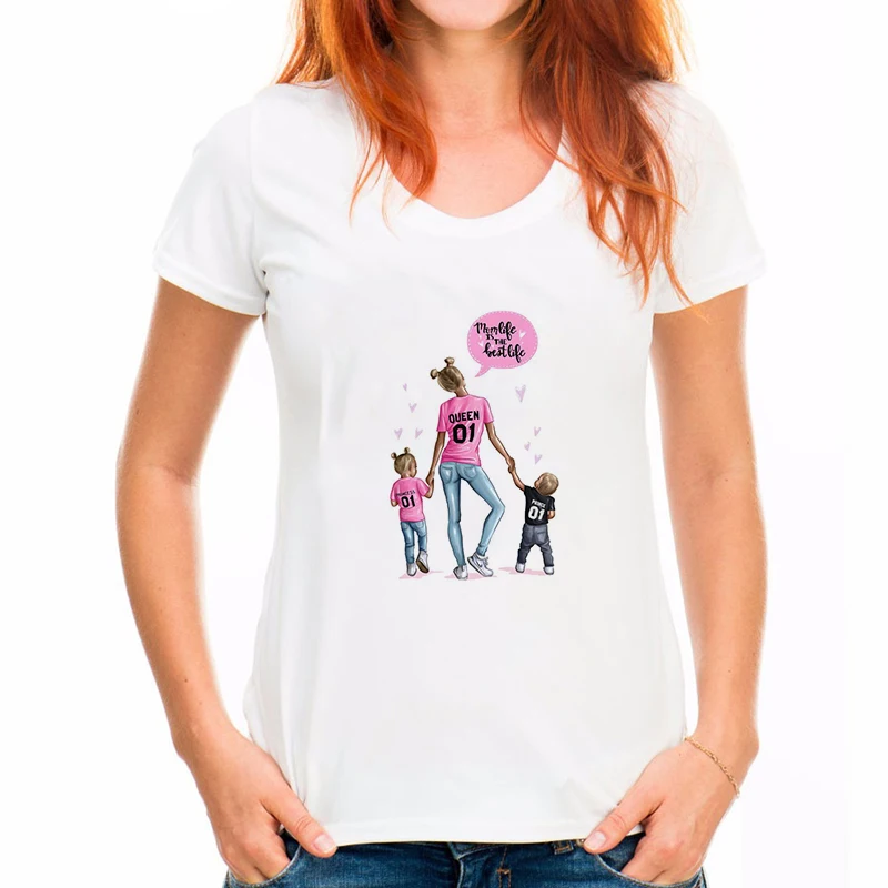 Women T-shirt Mama and Baby Boy Love Life Print T Shirt Harajuku Kawaii Streetwear White T-shirt Super Mama Art Tops Tee