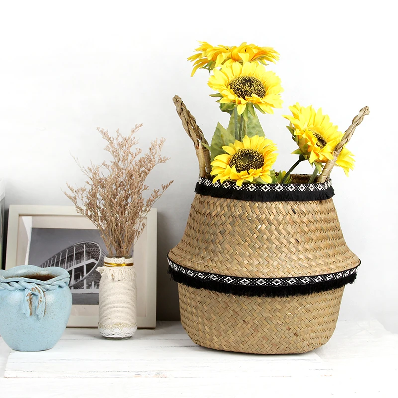Seagrass Wicker Basket Rattan Foldable Hanging Flower Pot
