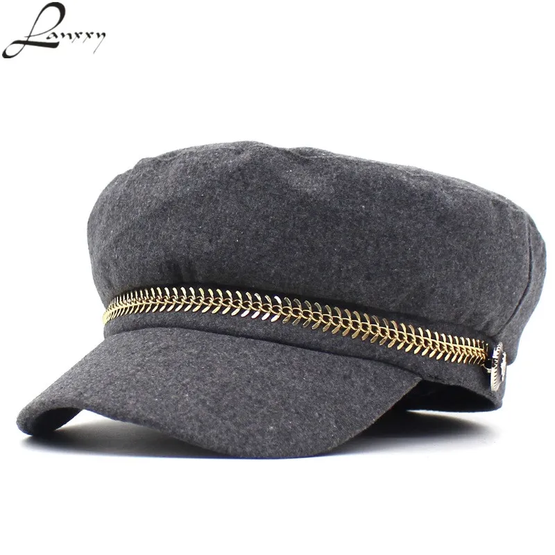 Новые шерстяные военные шляпа Женская плоская кепка s модная кепка с металлической буквой Военная Кепка для дам