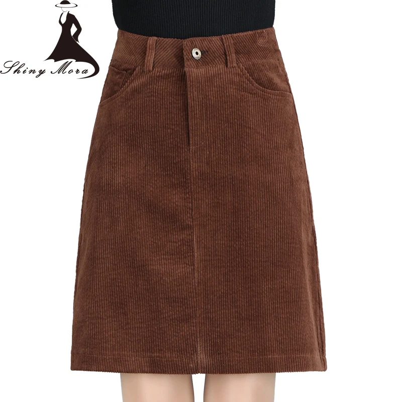 

SHINYMORA Autumn New Fashion A Line Corduroy Skirts for Women High Waist Pocket Slim Knee Length Skirts Female Casual Skirts