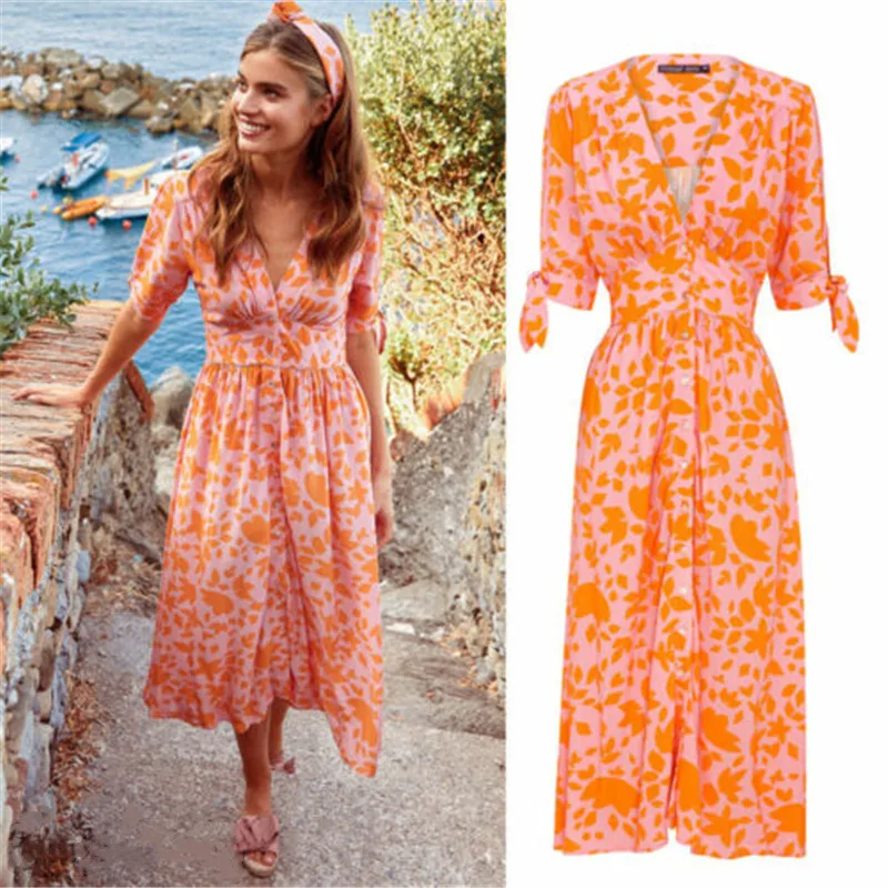 Yellow Sexy Print Womens Dresses V Neck Maxi Boho Floral Summer Beach Long Dress Evening Party Sun Femme | Женская одежда