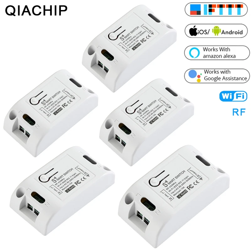 QIACHIP 5PCS RF Wifi 433MHz 10A/2200W Wireless Remote Switch ON/Off Delay Smart Home Light APP Controller For Google Home Alexa QIACHIP 5PCS RF Wifi 433MHz 10A/2200W Wireless Remote Switch ON/Off Delay Smart Home Light APP Controller For Google Home Alexa