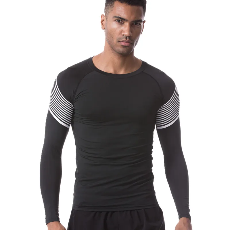 

UABRAV Men's Sport Shirt with Stripe Long Sleeve Gym Fitness Sportswear Breathable Dry Fit Running Shirt Training Tights Shirts