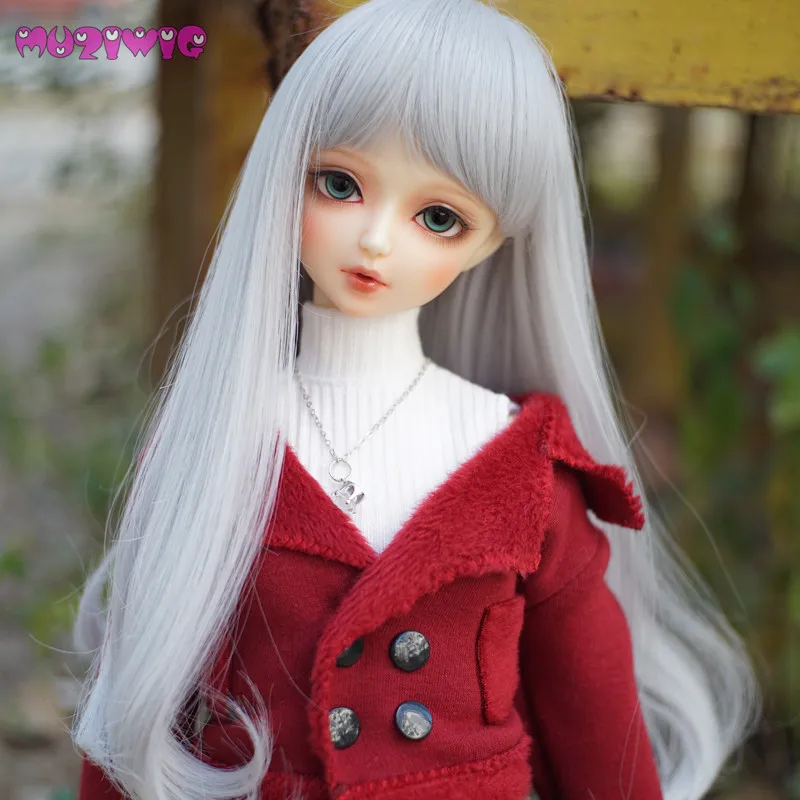 

Wholesale MUZIWIG 2018 bjd 1/3 handmade baby doll wig hair Silver Grey Long Pearl flower roll hair with bangs for dolls