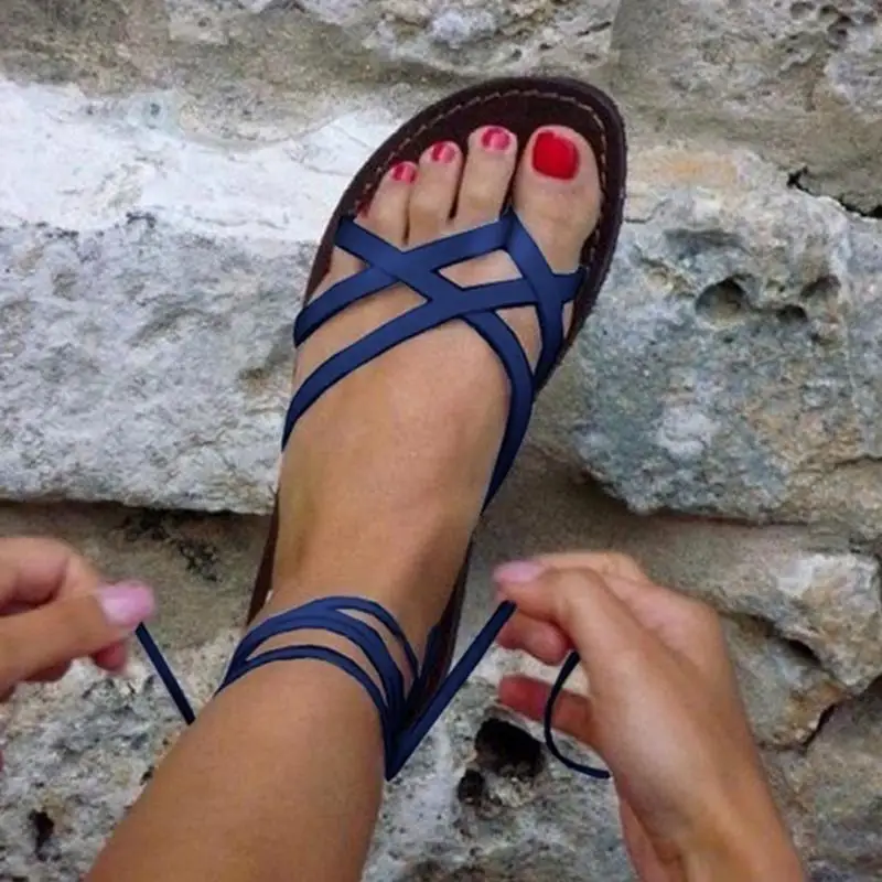 

Women Gladiator Bohemia Sandals Flip Flops Summer strappy PU leather lace up thong clip ring toe flat heel Shoes