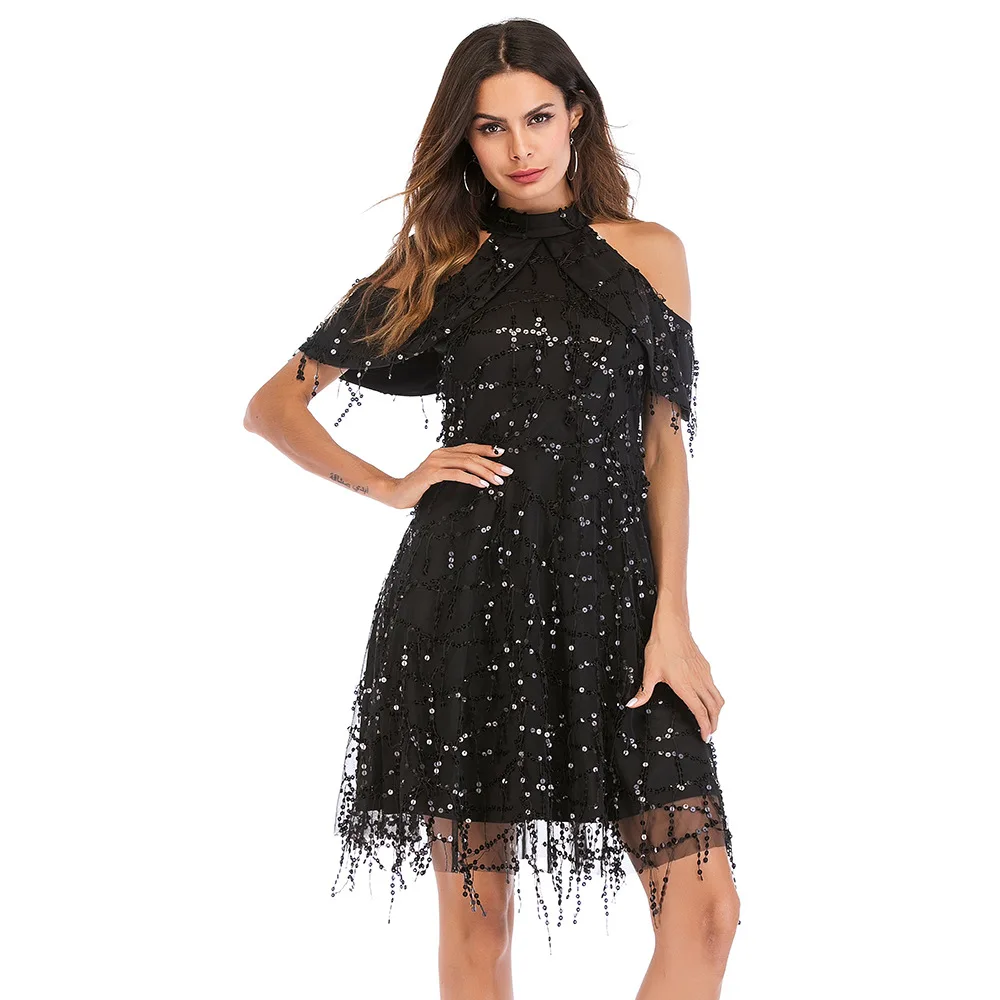 Женское сексуальное вечернее платье с блестками, стоячий воротник, открытые плечи, рукав-лепесток, металлическое платье с бахромой, Элегантное зимнее черное платье