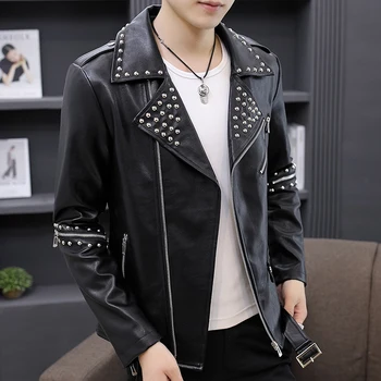 

2018 new men clothing men's winter slim trend leather jacket handsome rivet motorcycle leather jacket