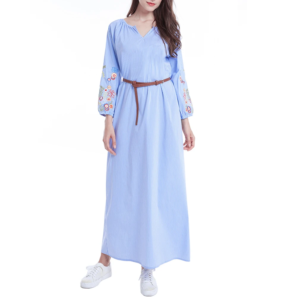 

Women Bohemian Maxi Long Sleeve Casual Dress Vintage Kaftan Islamic Abaya Muslim robe striped shirt dress summer vestidos