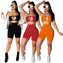 Hole Cut Out Bodycon Bodysuit Strapless Bandage Playsuits Two Piece Set Backless Short Sets For Women Sexy Tube Crop Top Club