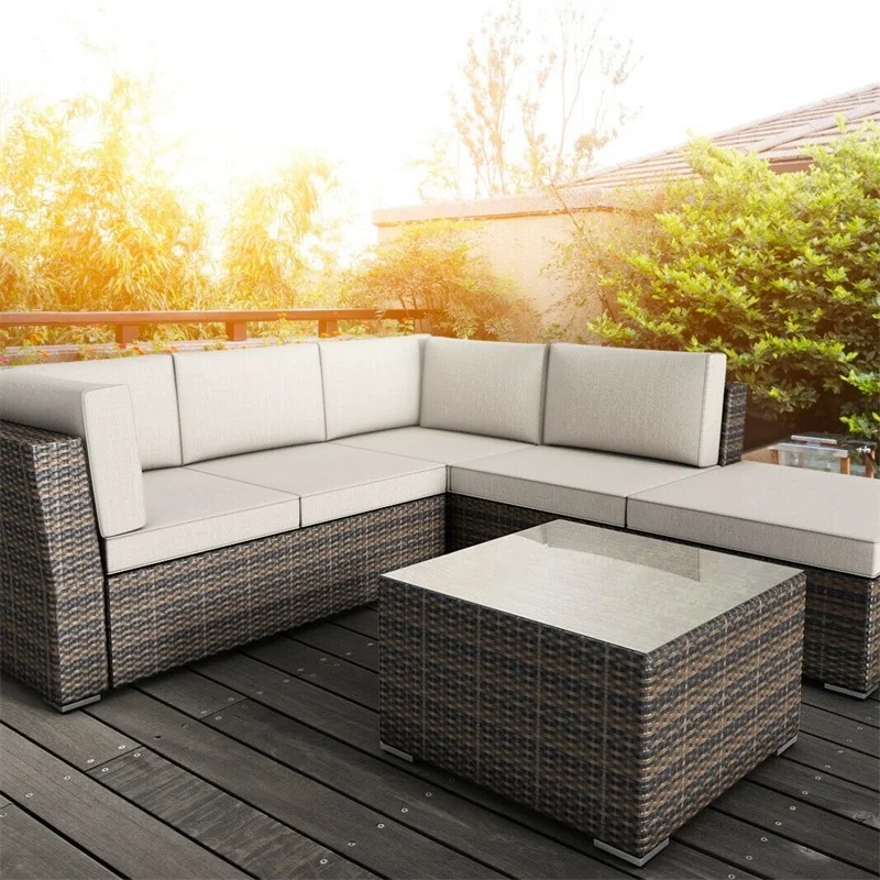 

4 pcs Wicker Cushioned 5 Seat Sofa Furniture Set Outdoor Furniture Sofa Ottoman Table Cushion for seat Back cushion HW55978+