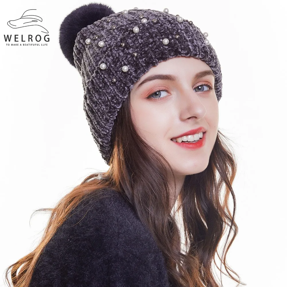 

WELROG New Women Chenille Beanies Winter Hat with Pompoms Solid Soft Keep Warmer Pearls Elastic knitted Pom Ball Skullies Gorros