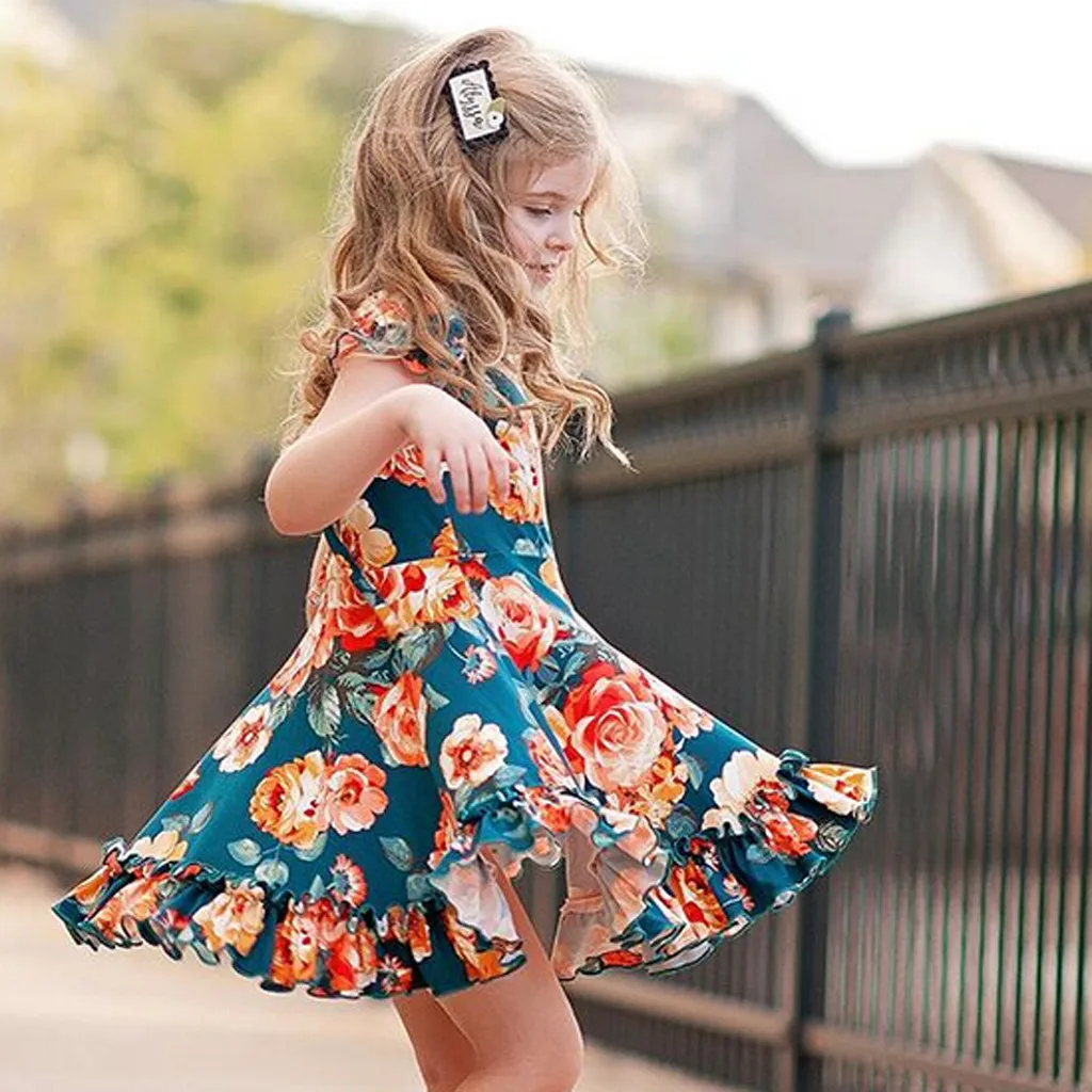 Летние праздничные платья принцессы для маленьких девочек, платья принцессы с рюшами и цветочным принтом для маленьких девочек, одежда