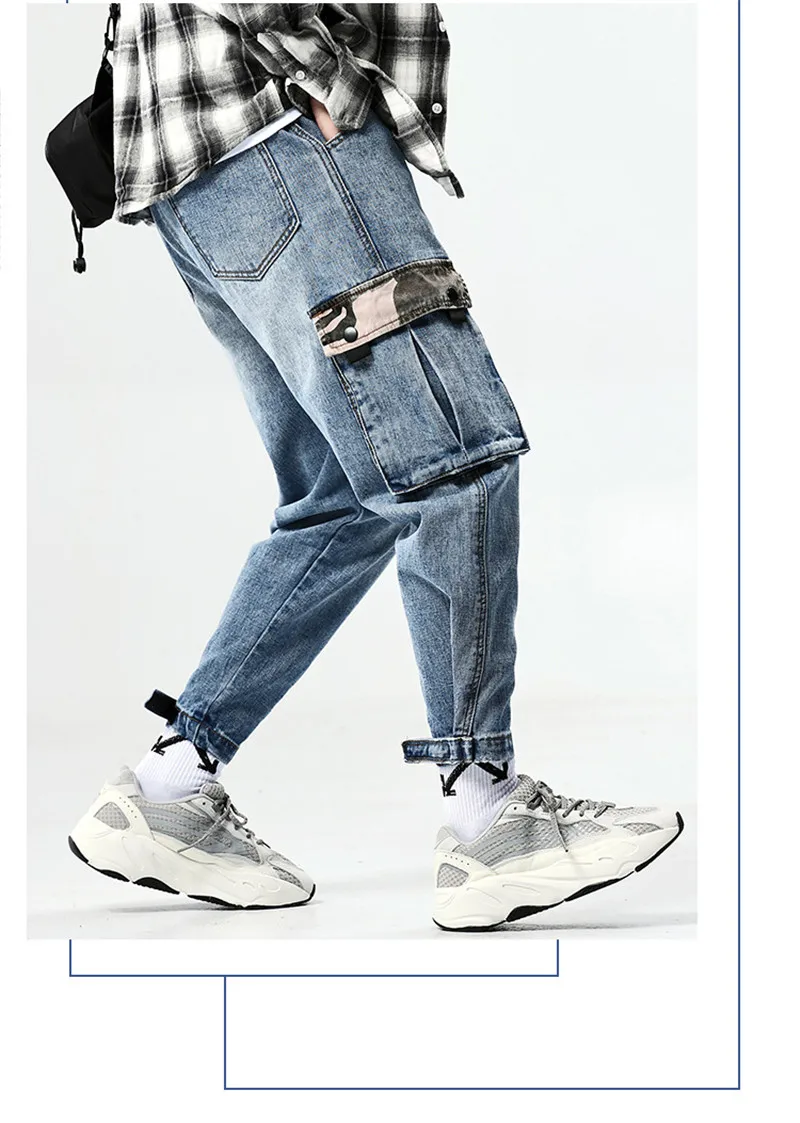 Fashion Loose Men's Cargo Pants Vintage Washed Man Multi-Pockets Jeans Patchwork Big Pockets Distressed Beam Feet Denim Trousers (2)