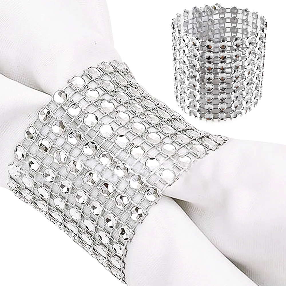 10Pcs/lot Silver Plastic Rhinestone Napkin Rings Wedding Party
