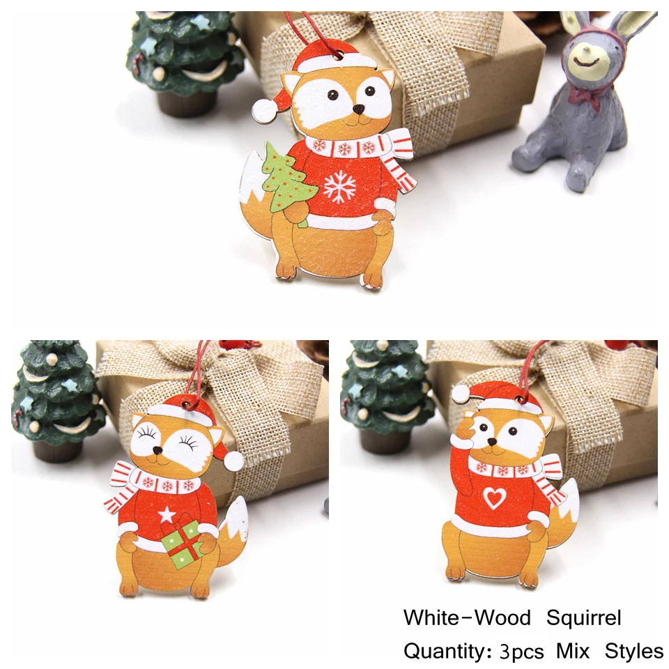 3PCS Lovely Squirrel&Angel Wooden Pendants Ornaments Christmas Wood Craft Kids Toys DIY Christmas Tree Decorations Hanging Gifts - Цвет: 3PCS Mix-W-Squirrel