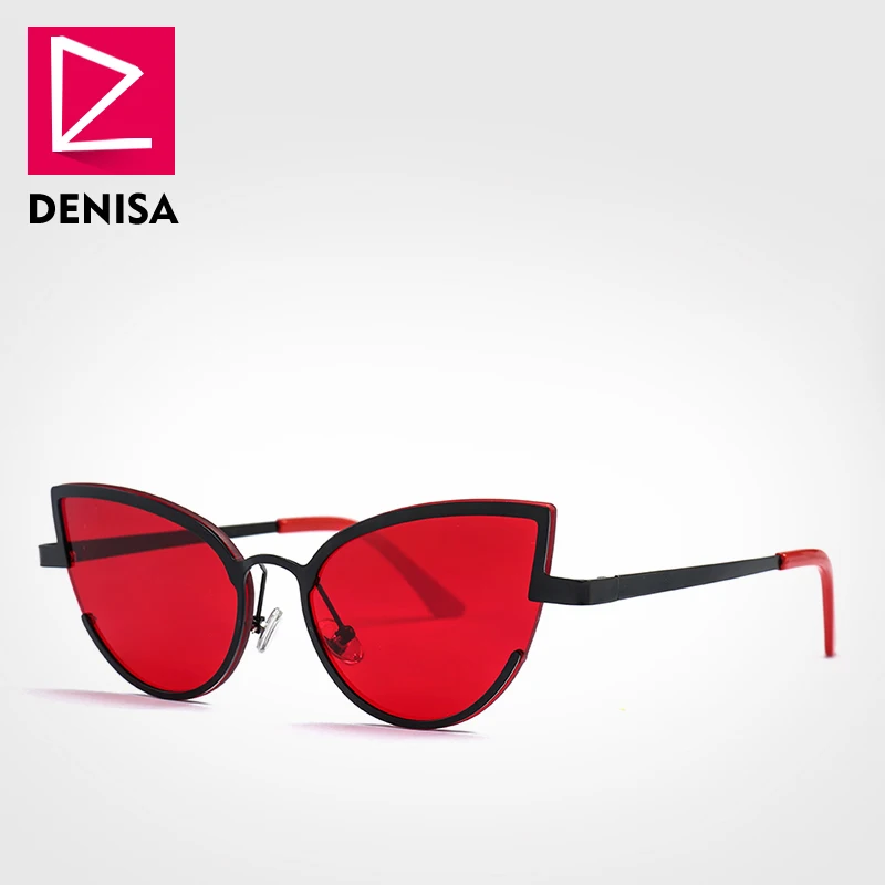 DENISA, модные брендовые красные женские солнцезащитные очки кошачий глаз,, Ретро стиль, синие линзы, солнцезащитные очки для девушек, UV400, lunette de soleil femme G22013 - Цвет линз: Red Sunglasses