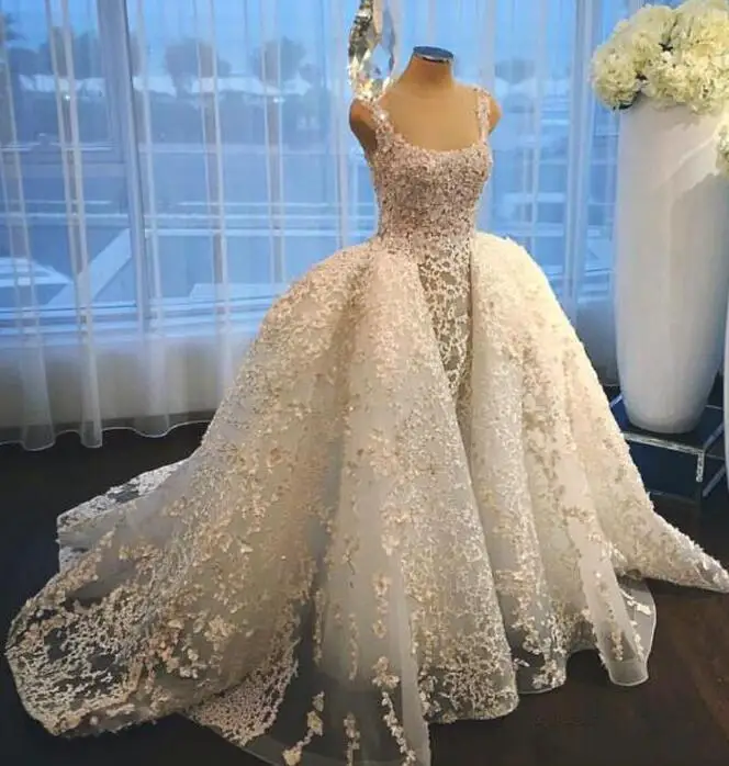 Vestido De Novia 3D аппликации шикарные свадебные платья Съемный Поезд Романтический Роскошный кружевной Цветы Свадебные платья-Русалка на заказ - Цвет: Слоновая кость