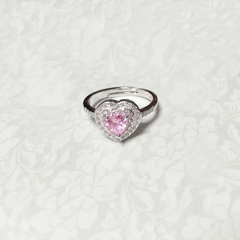 

Hot Sale Pink Color Heart Stone Love Cubic Zircon Gemstone Silver 925 Rings for Women Accessories Korean Jewelry 9895