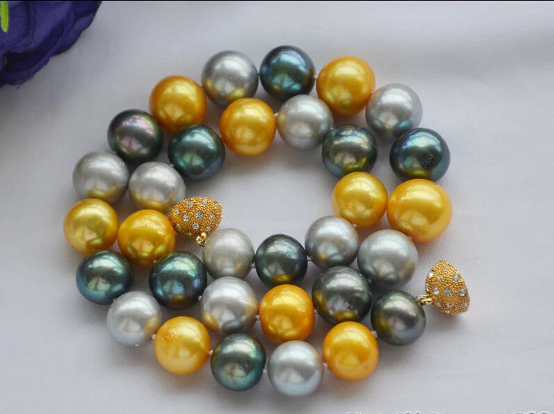 

fast z6310 Huge 13mm ROUND gray yellow Black cultured PEARL NECKLACE 17inch AAA
