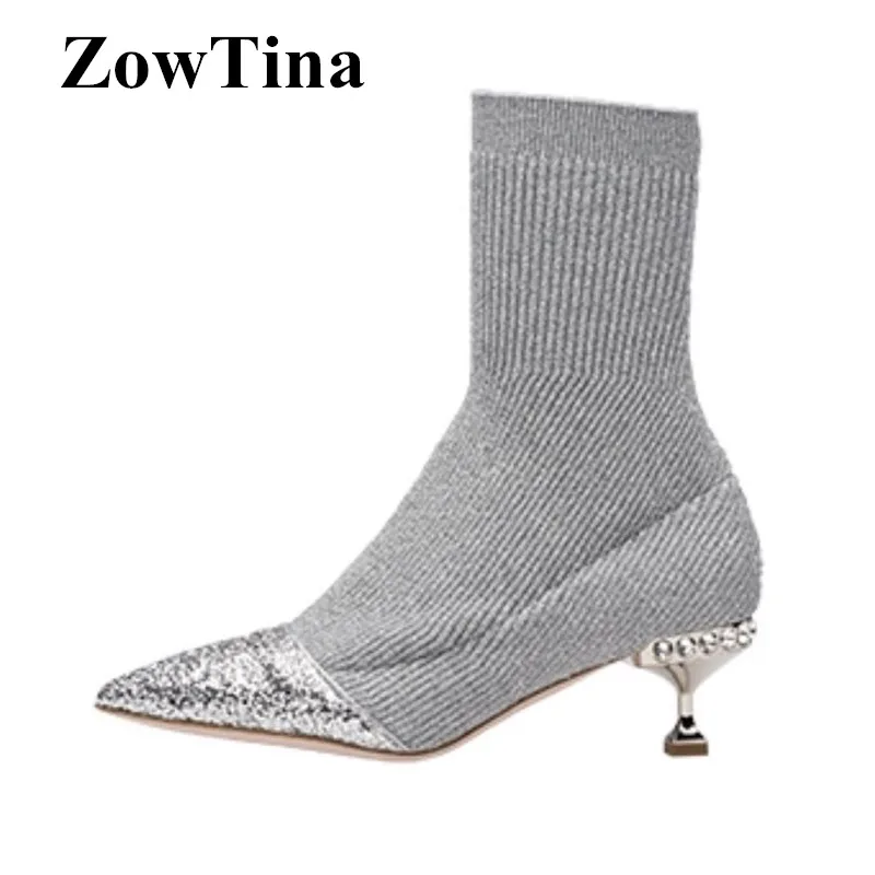 

Silver Paillette Women Short Sock Boots Pointed Toe Stretch Fabric Ladies Winter Booties Crystal 5cm High Heels Botas Feminino