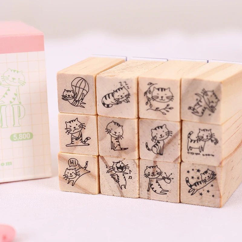 

12pcs/pack Korean Matchbox Stamp Wooden DIY Diary Album Romantic Flower & Graphics Cute Cat Stamp Kids Stamps Christmas Supplie