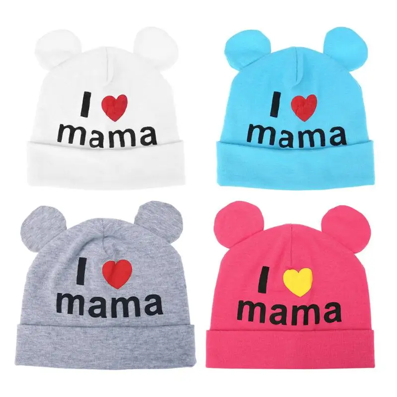 Newborn Baby Spring Autumn Cute Ear Hats Kids Knitted Letter Print I Love Mama Caps Boys Girls Casual Hats Beanie Caps Accessory