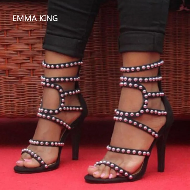 

EMMA KING Mushroom Nails Fashion Sandals Women Thin High Heels Hollow Sandalias Mujer Stilettos Back Zipper Catwalk Zapatos