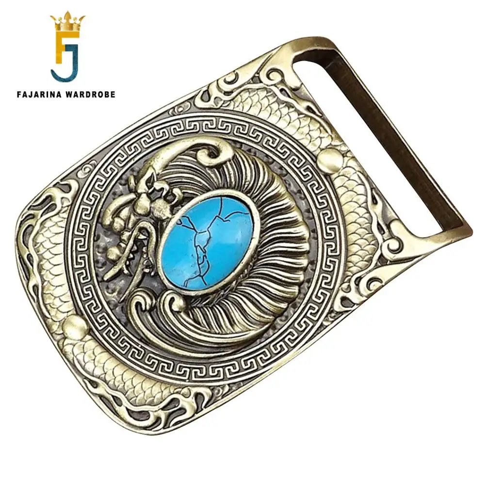 

FAJARINA Unique Design Dragon Mother Pattern Embossed Turquoise Decorative Solid Brass Old Style Smooth Buckles for Men BCK002