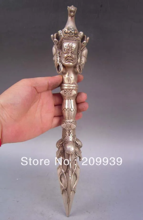

001480 14" Tibet Tibetan Buddhist Silver Bronze Hayagriva Phurpa Dagger statue