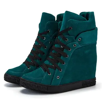 

Green Suede Wedge Height Increasing Boots Spring Autumn Women Shoes Black Suede Ankle Boots Platform Lace-up Rubber Sole Shoes