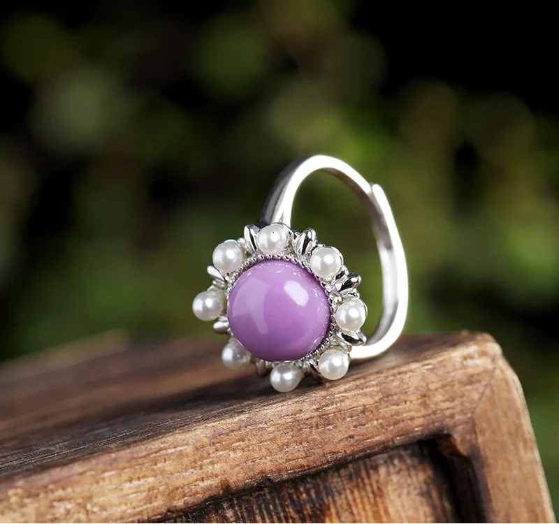 

S925 sterling silver purple mica inlaid pearl ladies ring Korean personality temperament open ring