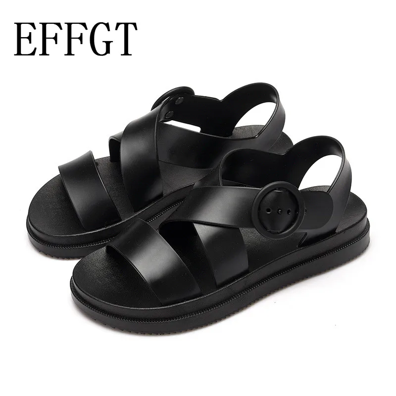 

EFFGT Summer Women Sandals Platform Heel PVC Buckle Strap Soft Comfortable Flat Shoes Ladies Casual Sandals Rome Shoes C433