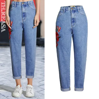 

femme Light blue denim Loose jenas denim Harem pants Fashion Floral embroidery women jeans pants Casual high waist jeans