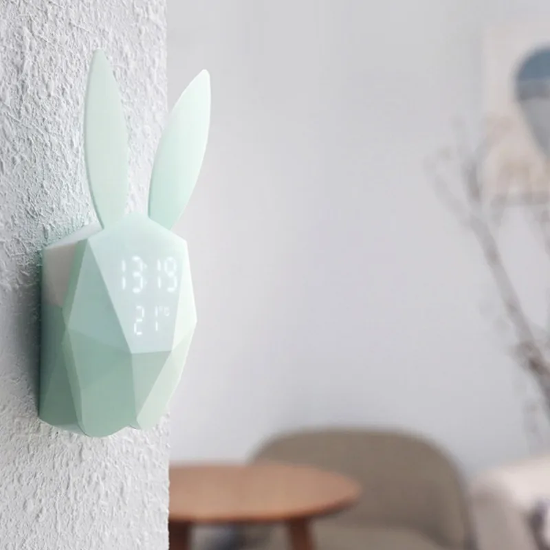 Кролик Форма часы цифровой будильник светодио дный LED Звук ночник термометр перезаряжаемые Таблица настенные часы для украшения дома