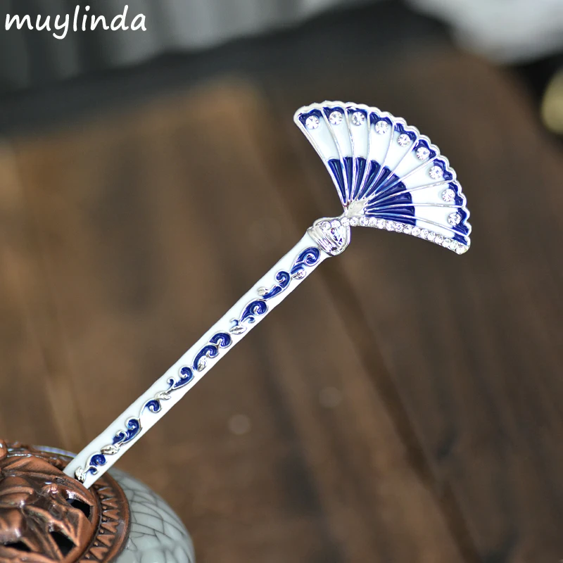 Китайский Синий и белый фарфор живопись веер палка для волос женский костюм классический металлический Шарм шпильки ювелирные изделия