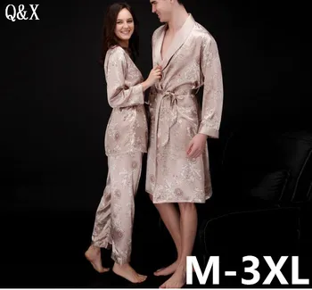 

YT4 2018 Spring and Autumn Lady Pajamas Set Sexy Long Sleeve Faux Silk Sleepwear Couple Pajamas Lover Women 3 Pieces Night Gown