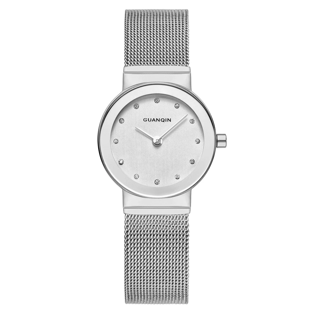 

GUANQIN Ladies Simple Wrist Watch Fine Steel Net Diamond Face Ultra-thin Analog Quartz Watch for Women